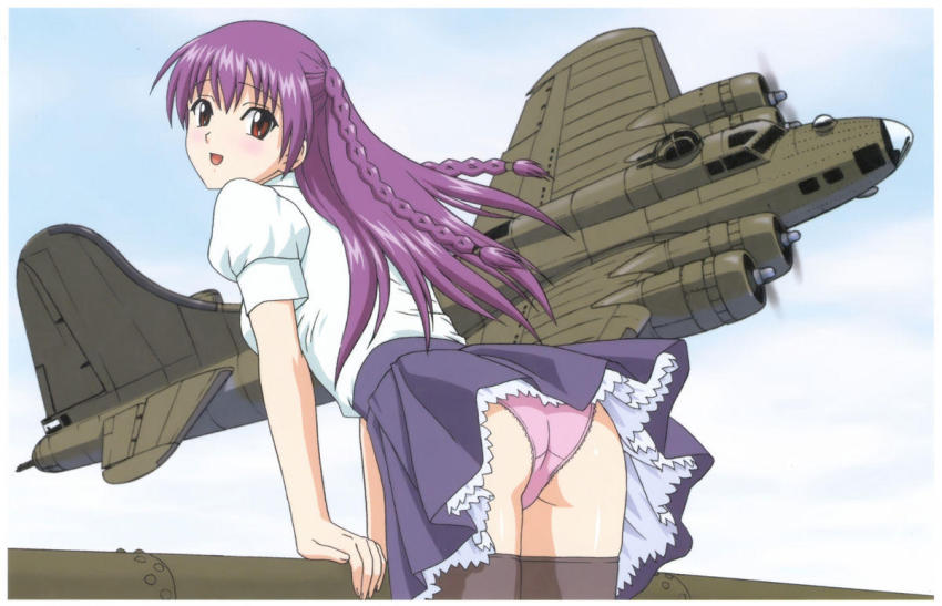 00s 1girl aircraft airplane ass b-17 blush bomber braid female_focus jpeg_artifacts military military_vehicle original panties personification solo thighhighs tobimono_girls underwear vehicle_focus yamauchi_noriyasu