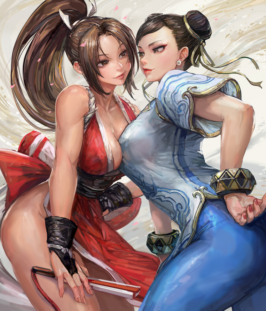 2girls bare_shoulders bracelet breasts brown_eyes brown_hair capcom china_dress chinese_clothes chun-li cleavage commentary crossover double_bun dress earrings eye_contact fatal_fury female_focus fingernails gold_trim bad_tag bad_tag hair_bun hand_on_own_hip highres implied_yuri japanese_clothes jewelry lips long_hair looking_at_another matching_hair/eyes medium_breasts miche multiple_girls nail_polish ninja pants parted_bangs pelvic_curtain ponytail revealing_clothes rivalry rope shiranui_mai short_sleeves simple_background sleeveless smile street_fighter street_fighter_6 the_king_of_fighters thighs yuri