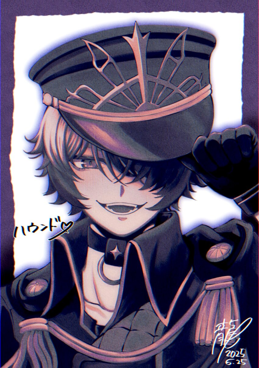 1boy aiguillette character_name collar commentary_request dated evil_smile fangs gloves hair_over_one_eye hand_on_headwear hand_up hat highres hound_(rune_factory) jacket k-miku-1206-mamo limited_palette looking_at_viewer male_focus open_mouth rune_factory rune_factory:_guardians_of_azuma short_hair signature smile solo teeth upper_body