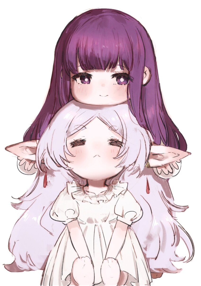 2girls =_= blush bright_pupils closed_mouth dress earrings elf fern_(sousou_no_frieren) floating_earrings frieren highres jewelry long_hair moku_(muooku) multiple_girls pointy_ears purple_eyes purple_hair short_eyebrows simple_background smile sousou_no_frieren teardrop_earrings thick_eyebrows white_background white_dress white_hair white_pupils