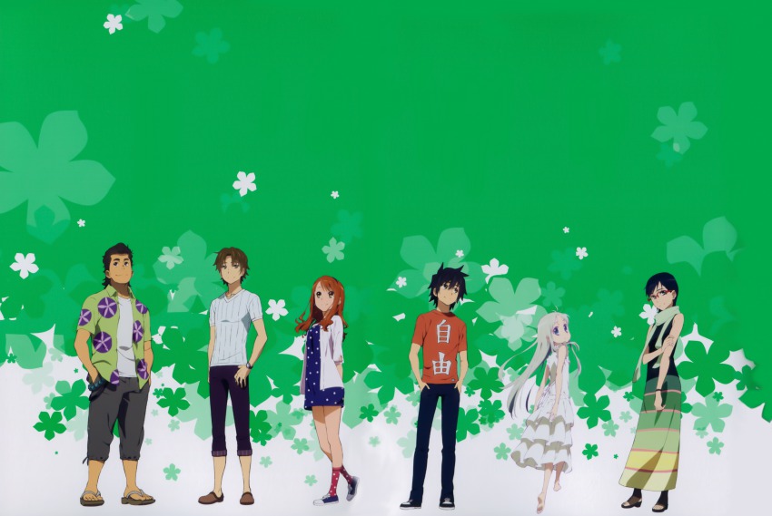 10s 3boys 3girls absurdres anjou_naruko ano_hi_mita_hana_no_namae_wo_bokutachi_wa_mada_shiranai. dress highres hisakawa_tetsudou honma_meiko huge_filesize matsuyuki_atsumu multiple_boys multiple_girls sundress tanaka_masayoshi tsurumi_chiriko yadomi_jinta