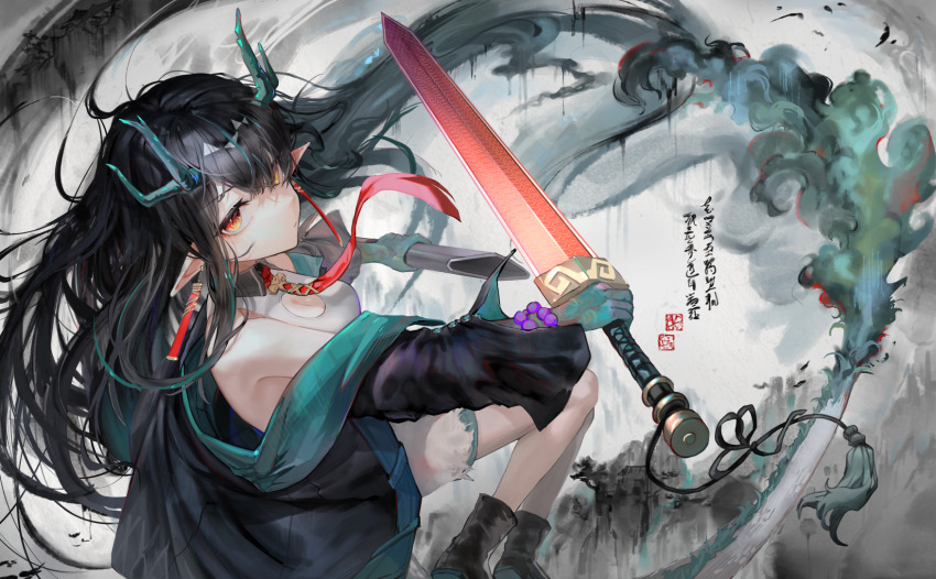 1girl a0lp aqua_hair aqua_skin arknights black_coat black_hair black_jacket breasts cleavage_cutout closed_mouth clothing_cutout coat colored_extremities colored_skin dragon_horns dragon_tail dress dusk_(arknights) earrings expressionless gradient_skin highres holding holding_sword holding_weapon horns jacket jewelry long_hair medium_breasts multicolored_hair necktie off_shoulder open_clothes open_coat pointy_ears red_eyes red_necktie sleeveless sleeveless_dress solo sword tail two-tone_hair weapon white_dress