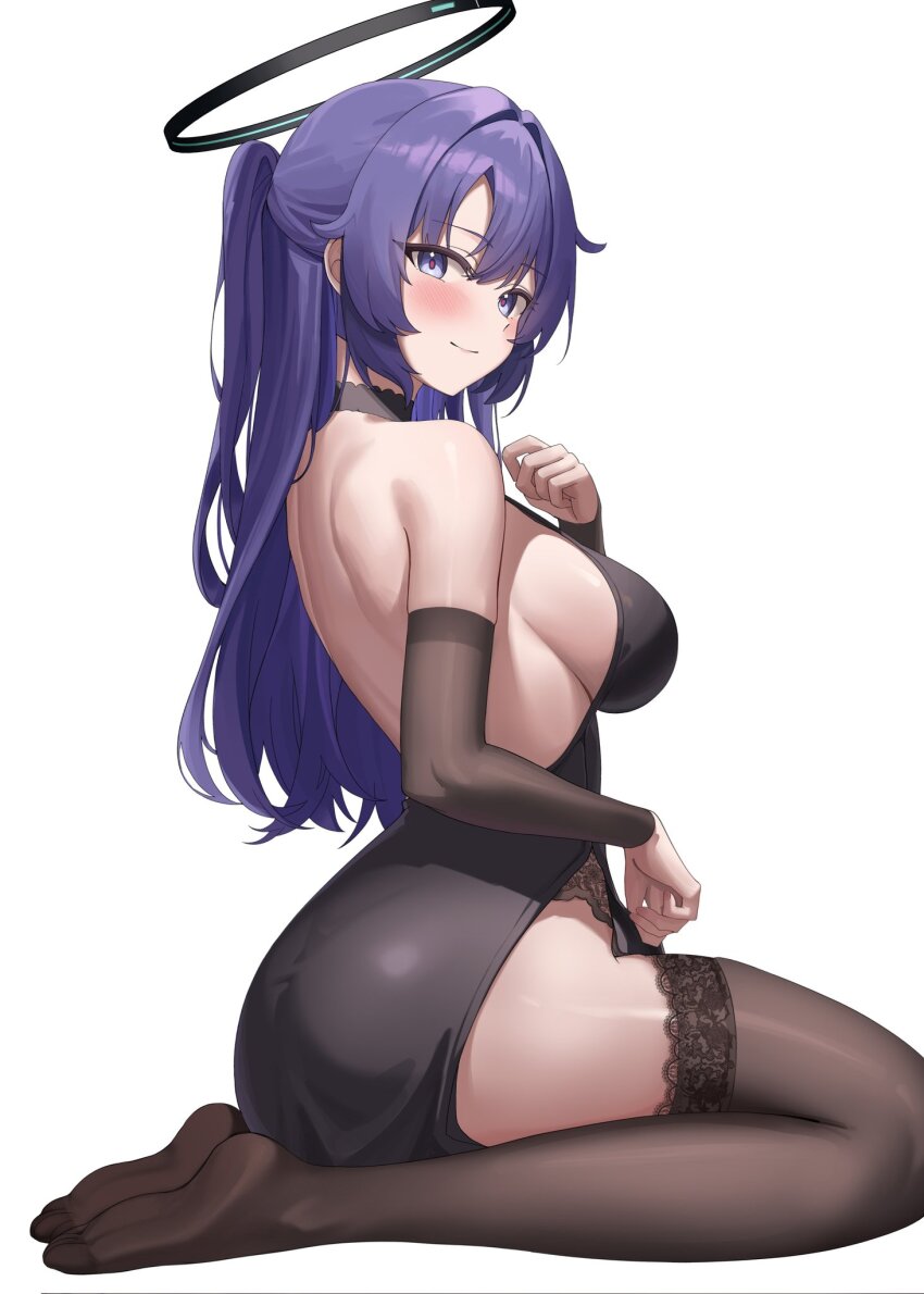 1girl alternate_costume black_dress black_halo blue_archive blue_eyes breasts brown_sleeves brown_thighhighs closed_mouth corrupted_twitter_file detached_sleeves dress halo highres long_hair looking_at_viewer mechanical_halo medium_breasts purple_hair red_pupils rianya07 sideboob simple_background sitting smile soles solo thighhighs thighs wariza white_background yuuka_(blue_archive)