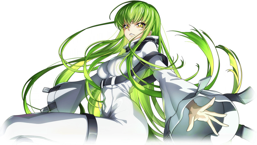 1girl arms_up blurry breasts c.c. code_geass code_geass:_lost_stories collarbone f4samurai full_body game_cg green_hair highres jacket lancelot_(code_geass) long_hair long_sleeves looking_at_viewer medium_breasts official_art parted_lips reaching reaching_towards_viewer shoes sidelocks simple_background solo teeth transparent_background very_long_hair white_jacket white_shoes wide_sleeves yellow_eyes