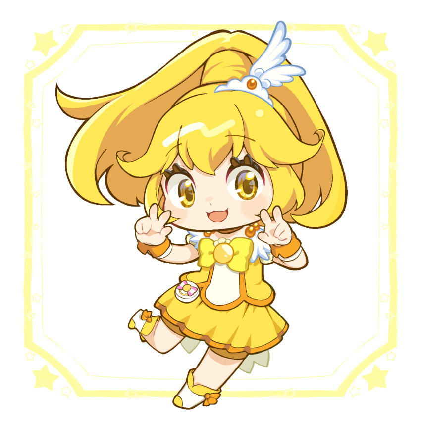 1girl bike_shorts bike_shorts_under_skirt blonde_hair blush boots bow bowtie brooch chibi choker cure_peace double_v hair_ornament high_ponytail highres jewelry kise_yayoi long_hair magical_girl open_mouth plv_276 ponytail precure shirt short_sleeves shorts skirt smile_precure! solo tiara v wing_hair_ornament wrist_cuffs yellow_boots yellow_bow yellow_bowtie yellow_choker yellow_eyes yellow_shirt yellow_shorts yellow_skirt