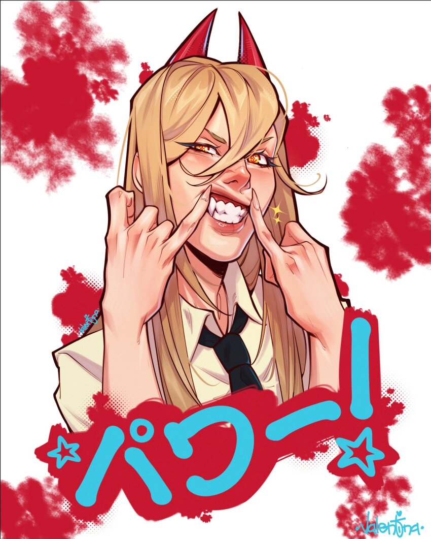1girl artist_name black_necktie blonde_hair blood blood_splatter chainsaw_man collared_shirt crosshair_pupils highres horns long_hair looking_at_viewer necktie power_(chainsaw_man) red_horns shirt solo sparkle teeth translation_request upper_body valentina_tavolilla white_shirt yellow_eyes