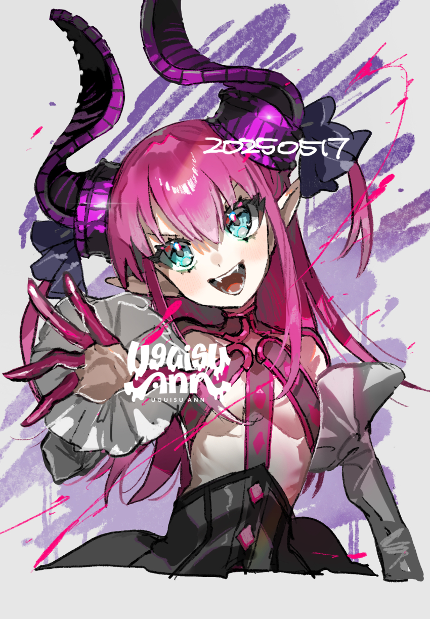 1girl :d artist_name black_skirt blue_eyes breasts commentary_request curled_horns dated detached_sleeves dragon_girl dragon_horns elizabeth_bathory_(fate) elizabeth_bathory_(fate/extra) fangs fate/extra fate/extra_ccc fate_(series) finger_cots grey_background hair_between_eyes hair_ribbon highres horns long_hair long_sleeves looking_at_viewer open_mouth pink_hair pointy_ears ribbon skirt small_breasts smile solo two_side_up uguisu_ann