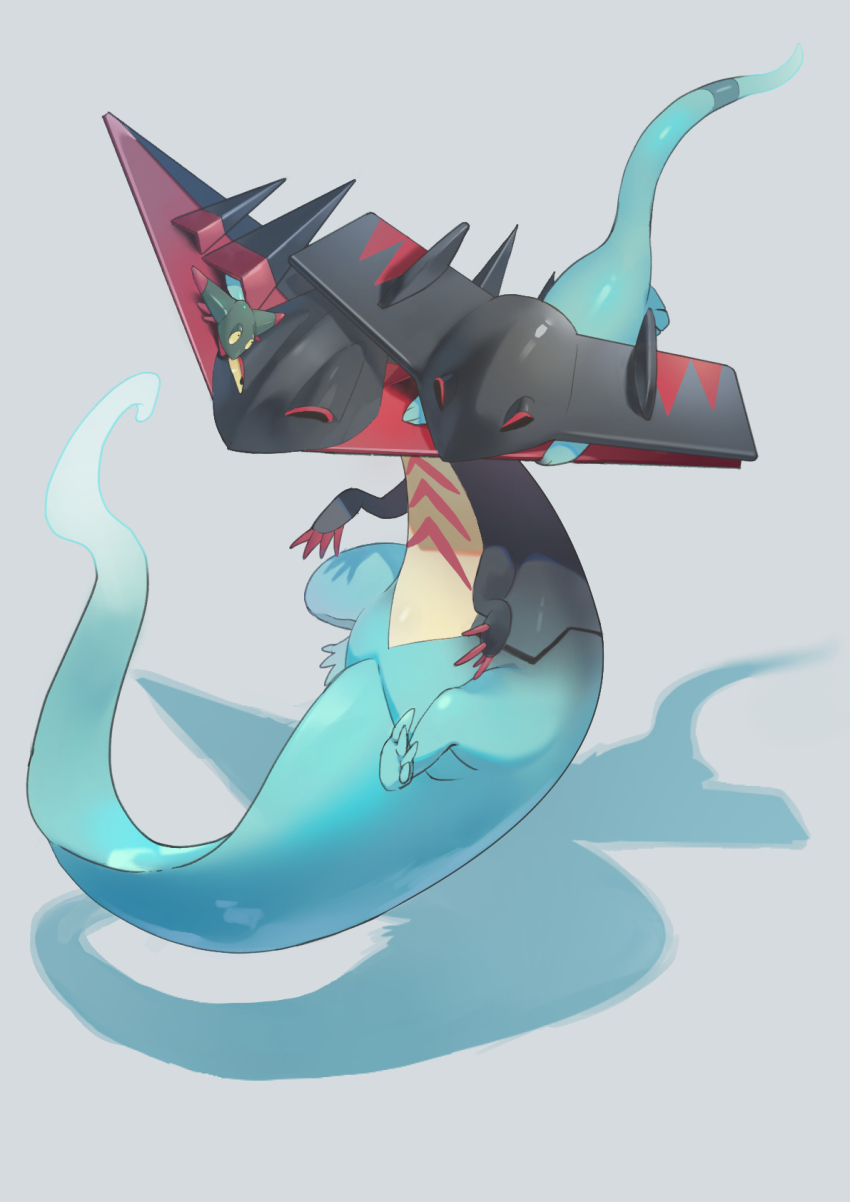 claws closed_eyes commentary cuddling dragapult drakloak dreepy evolutionary_line gen_8_pokemon grey_background highres kanataeni nintendo no_humans one_eye_closed pokemon pokemon_(creature) pokemon_focus yellow_eyes