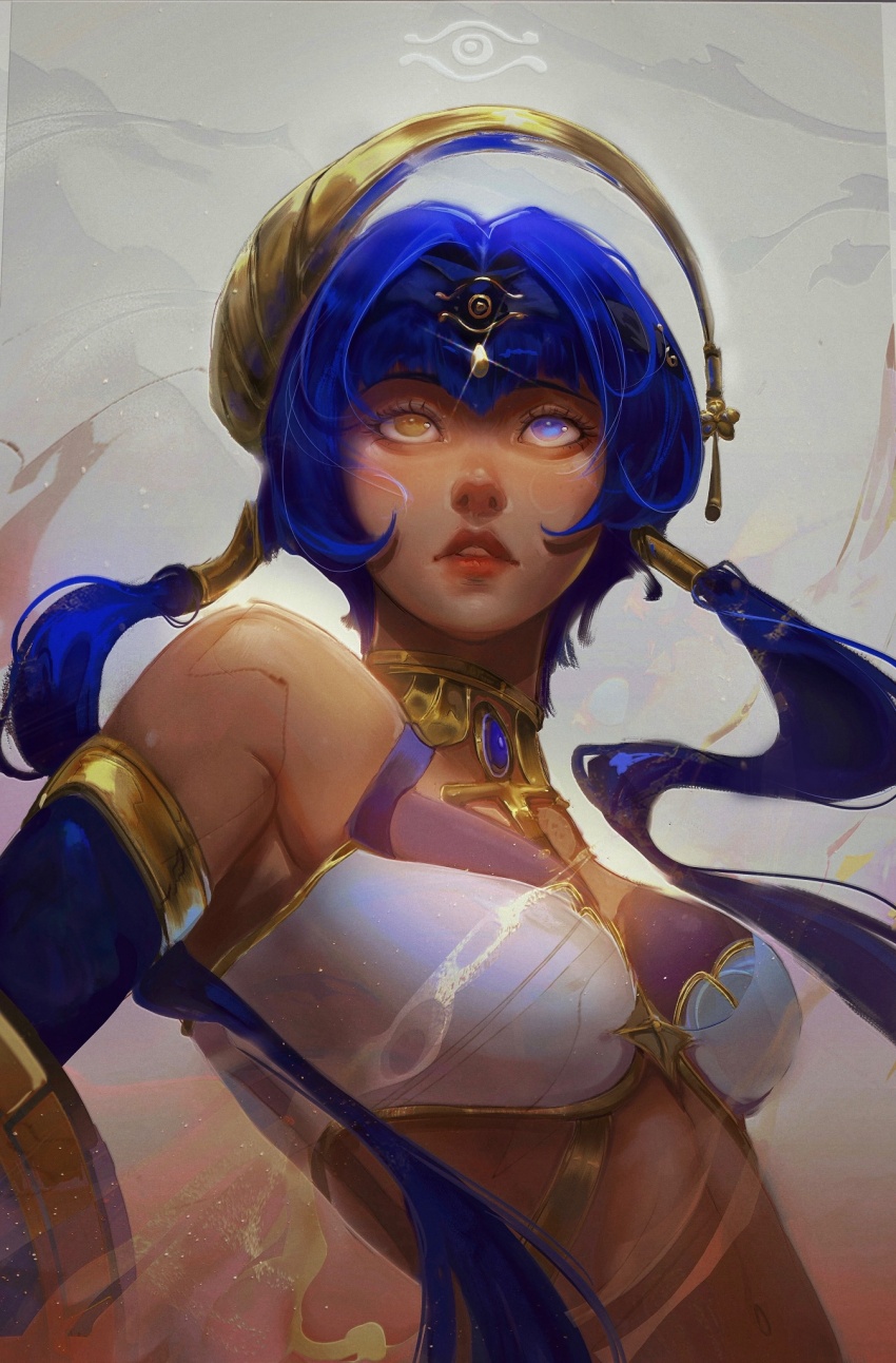 1girl bellsadonnaaaa blue_eyes blue_hair breasts candace_(genshin_impact) commentary dark-skinned_female dark_skin english_commentary eye_of_horus genshin_impact gold_choker gold_trim hair_ornament heterochromia highres holding holding_shield jewelry light_particles looking_to_the_side medium_breasts navel neck_ring parted_lips shield short_hair short_hair_with_long_locks sidelocks solo sparkle stomach teeth upper_body yellow_eyes