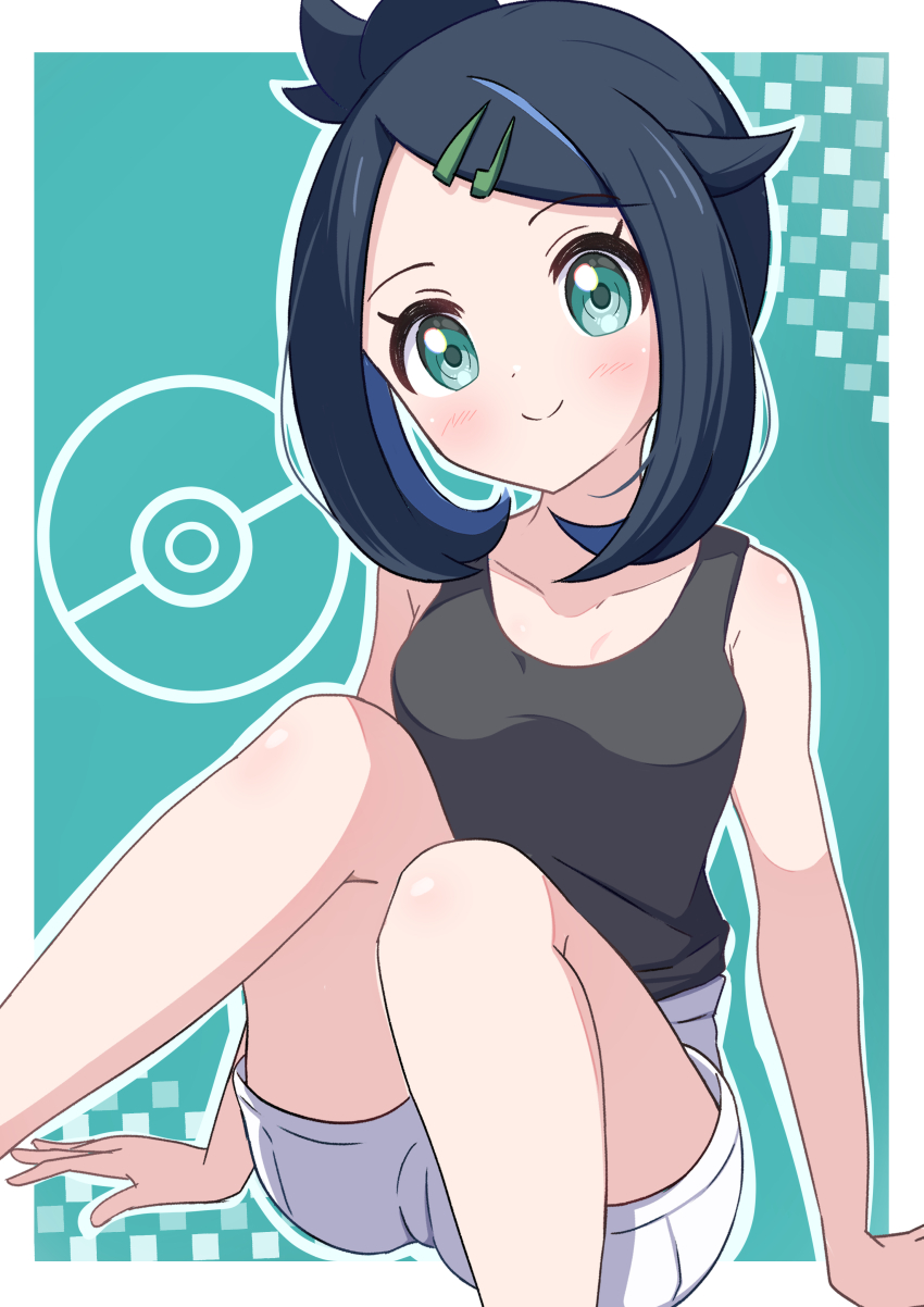 1girl absurdres alternate_costume arm_support black_hair border breasts closed_mouth collarbone colored_inner_hair commentary_request creatures_(company) game_freak green_background green_eyes hair_ornament hairclip head_tilt highres light_blush liko_(pokemon) medium_hair multicolored_hair nintendo outline outside_border poke_ball_symbol pokemon pokemon_(anime) pokemon_horizons rono_(lethys) shirt shorts sitting sleeveless sleeveless_shirt smile solo split_mouth swept_bangs white_border white_shorts
