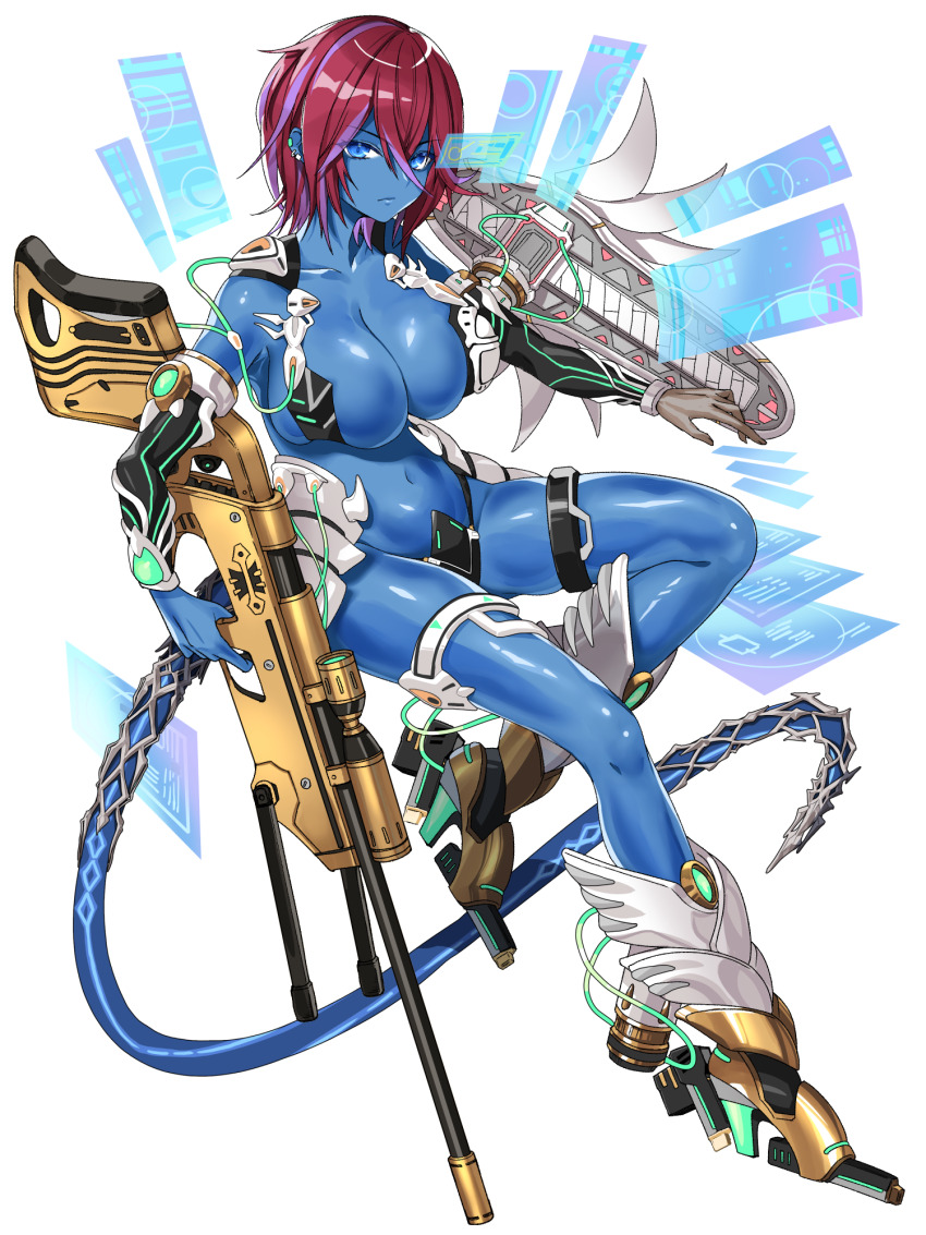 1girl aiz_gunafari armor blue_eyes blue_skin boots breasts colored_skin dairoku_ryouhei ear_piercing earclip gun hair_between_eyes highres holding holding_gun holding_weapon holographic_interface large_breasts multicolored_hair navel piercing purple_hair red_hair sitting solo streaked_hair thigh_strap transparent_background tyrone weapon