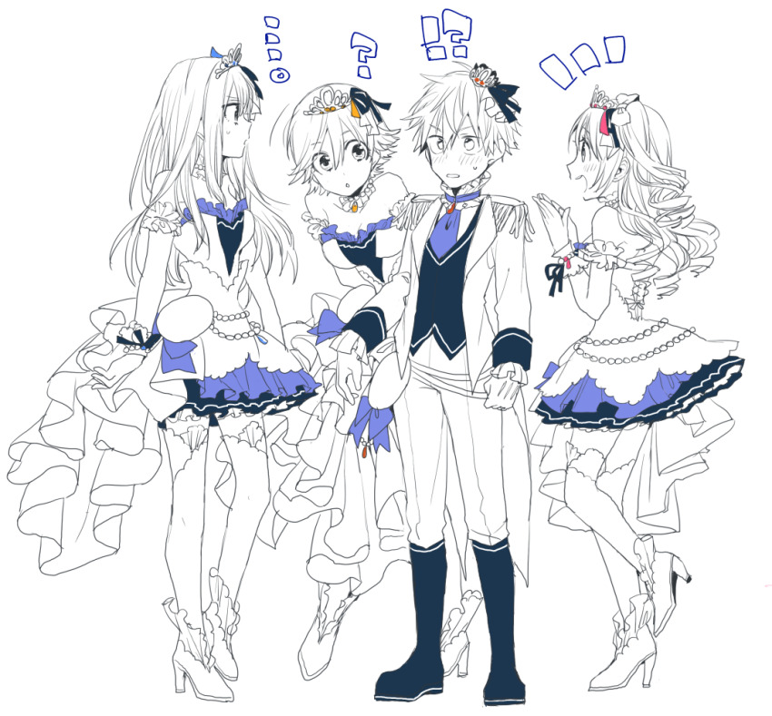!? 1boy 3girls ? adapted_costume akiyama_hayato backless_dress backless_outfit banchi_(bantyanizumu) blush boots choker coattails crown dress epaulettes frilled_choker frills gloves high_heels honda_mio idolmaster idolmaster_cinderella_girls idolmaster_side-m long_hair looking_up multiple_girls new_generations_(idolmaster) shibuya_rin shimamura_uzuki short_hair starry_sky_bright_(idolmaster) tiara