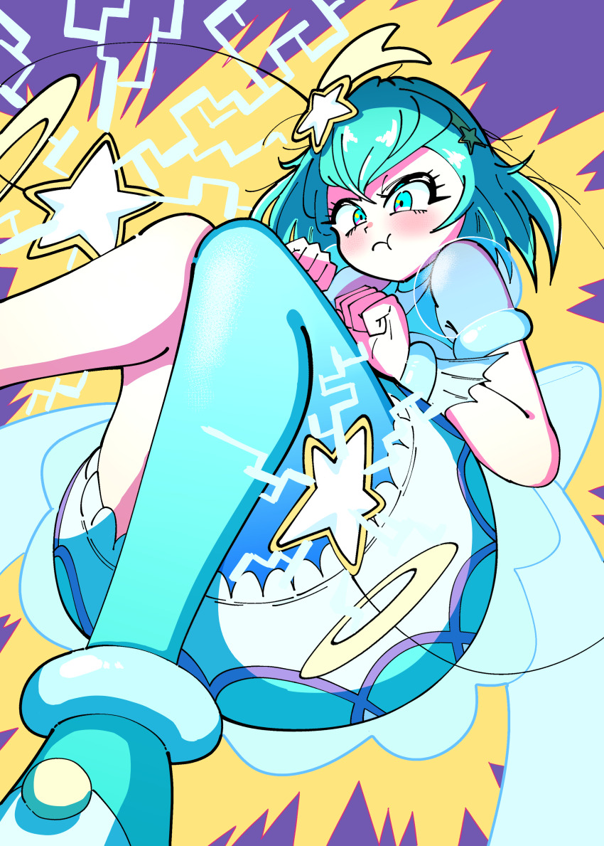 1girl absurdres aqua_boots aqua_choker aqua_dress aqua_eyes aqua_hair aqua_pantyhose blush boots bracelet choker closed_mouth cure_milky dress hagoromo_lala hair_ornament high_heel_boots high_heels highres jewelry kikukekosasi magical_girl medium_hair pantyhose precure puffy_short_sleeves puffy_sleeves see-through_clothes see-through_sleeves short_dress short_sleeves single_leg_pantyhose solo star_(symbol) star_hair_ornament star_twinkle_precure