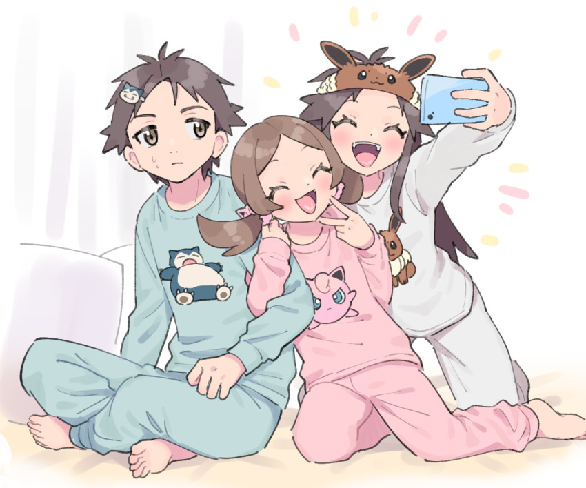 1boy 2girls brown_eyes brown_hair cellphone closed_eyes commentary_request creatures_(company) eevee game_freak gen_1_pokemon green_(pokemon) holding holding_phone indian_style jigglypuff kneeling locked_arms long_hair lyra_(pokemon) multiple_girls nintendo open_mouth pajamas phone pokemon pokemon_hgss pokemon_lgpe pumpkinpan red_(pokemon) selfie sitting smartphone smile snorlax sweat taking_picture twintails v