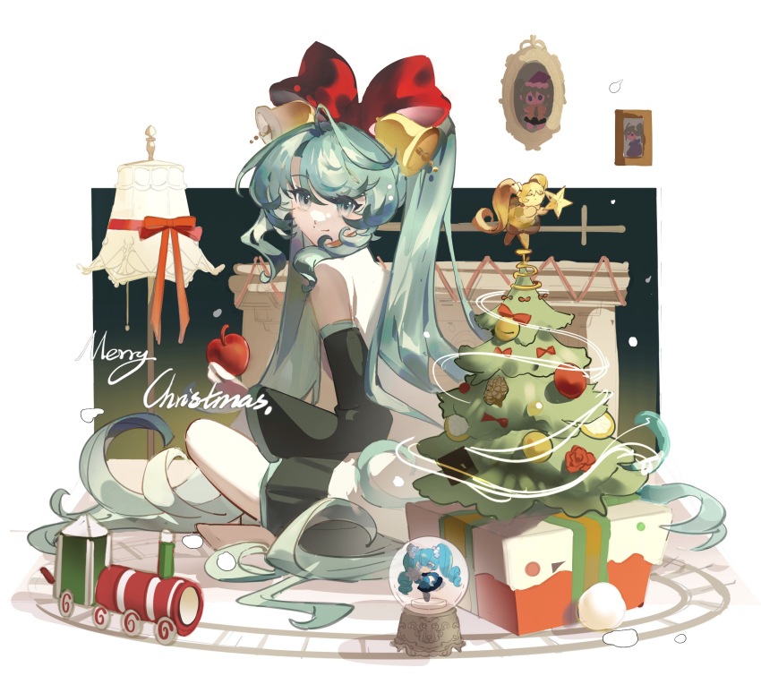 1girl apple aqua_eyes aqua_hair bell black_skirt black_sleeves bow box christmas_tree commentary detached_sleeves faux_figurine floor_lamp food from_side fruit full_body gift gift_box hair_bell hair_bow hair_ornament hatsune_miku highres holding holding_food holding_fruit indian_style lamp long_hair looking_at_viewer merry_christmas miniskirt on_ground painting_(object) procreate_(medium) red_bow shirt shucai_dawang sitting skirt sleeveless sleeveless_shirt smile snow_globe solo symbol-only_commentary toy_train turning_head twintails very_long_hair vocaloid white_background white_shirt