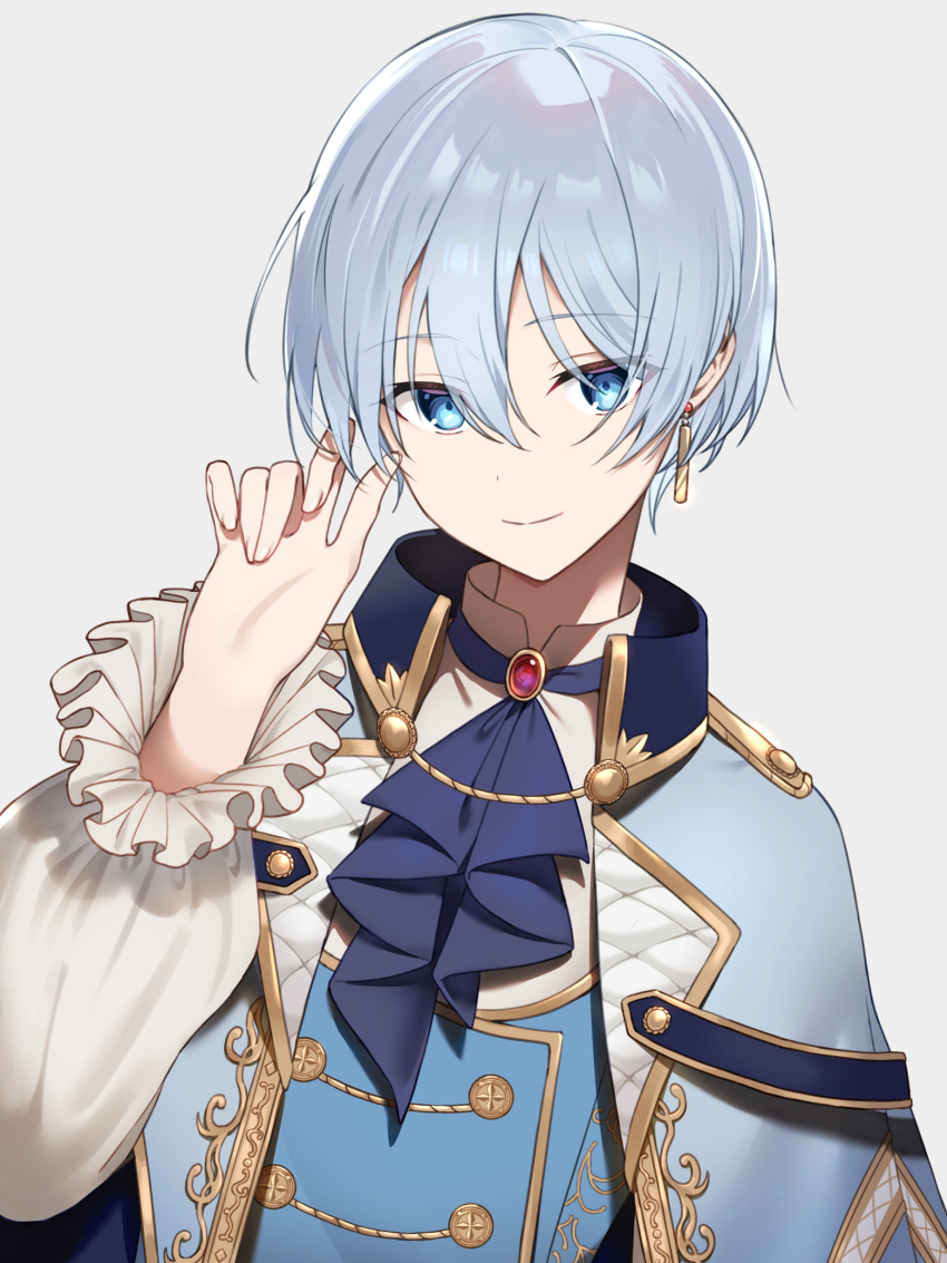 1girl absurdres ascot blue_ascot blue_coat blue_eyes blue_hair blue_vest coat crossdressing frilled_sleeves frills gem grey_background hand_in_own_hair highres jewelry koori_(superumaice) light_blue_hair looking_at_viewer official_alternate_costume official_alternate_hair_length official_alternate_hairstyle pendant project_sekai red_gemstone relax_teatime_(project_sekai) shirt short_hair simple_background smile solo upper_body vest white_shirt yoisaki_kanade