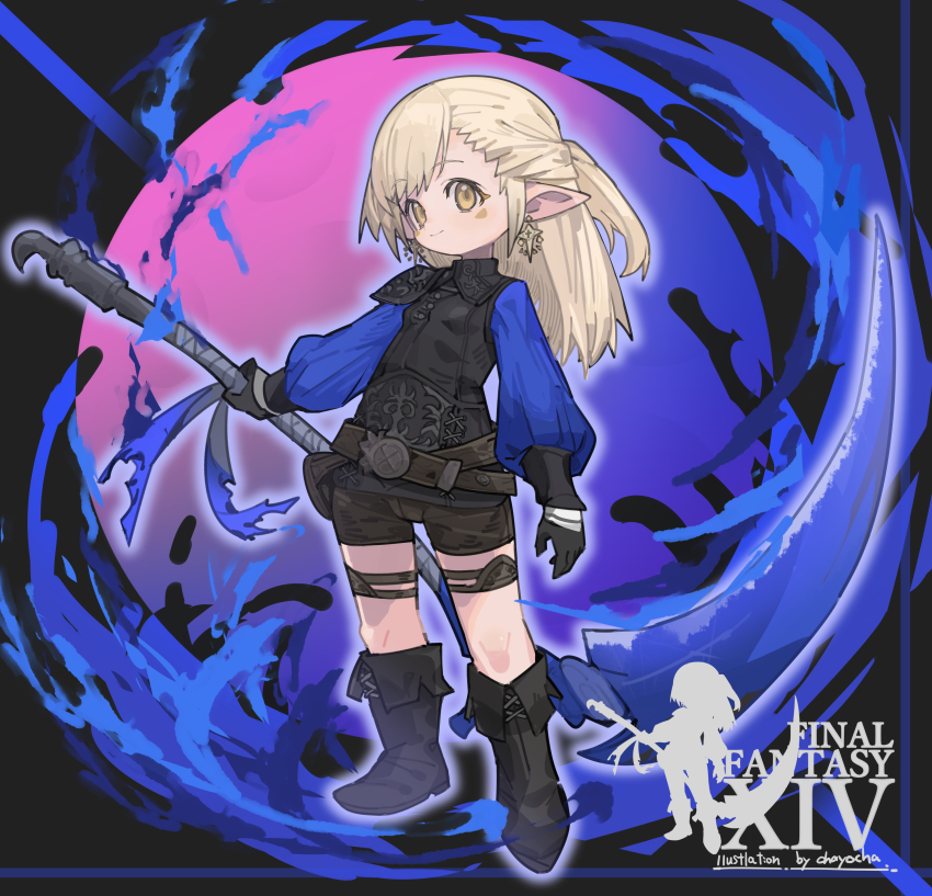 1girl absurdres artist_name black_boots black_capelet black_gloves black_shorts black_vest blonde_hair blue_shirt boots breasts brown_eyes capelet closed_mouth copyright_name earrings eyebrows_hidden_by_hair facial_mark final_fantasy final_fantasy_xiv full_body gloves glowing glowing_weapon highres holding holding_scythe izayoi_cha jewelry lalafell looking_at_viewer medium_hair pointy_ears reaper_(final_fantasy) scythe shirt shorts small_breasts smile solo vest warrior_of_light_(ff14) weapon
