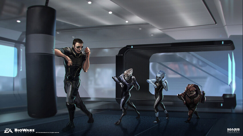 1girl 3boys alien asari_(mass_effect) ben_lo bioware black_bodysuit black_hair blue_skin bodysuit clenched_hand colored_skin commentary copyright_name elbowing electronic_arts english_commentary highres krogan logo mass_effect:_andromeda mass_effect_(series) multiple_boys official_art production_art shadow short_hair smile tentacle_hair turian very_short_hair