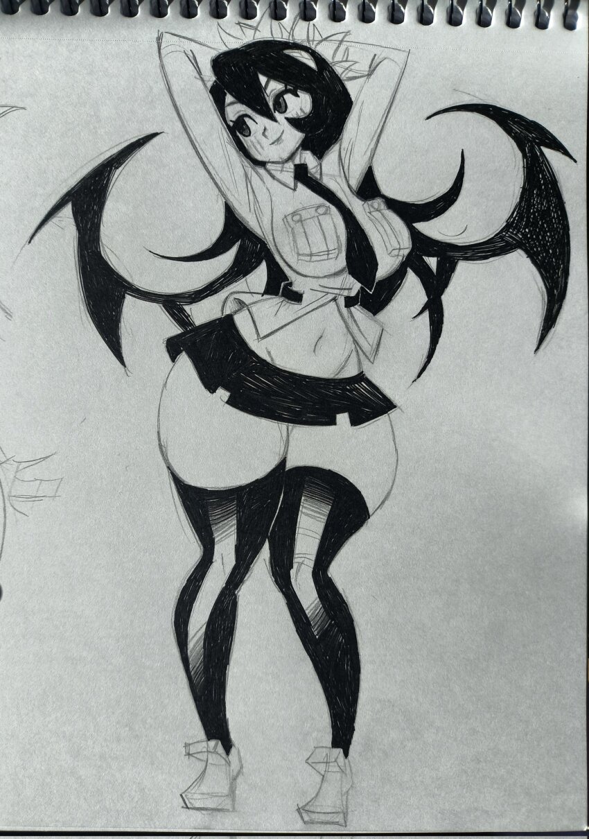 1girl eduedude filia_(skullgirls) highres looking_to_the_side monochrome navel necktie skullgirls solo standing stomach thighs wide_hips