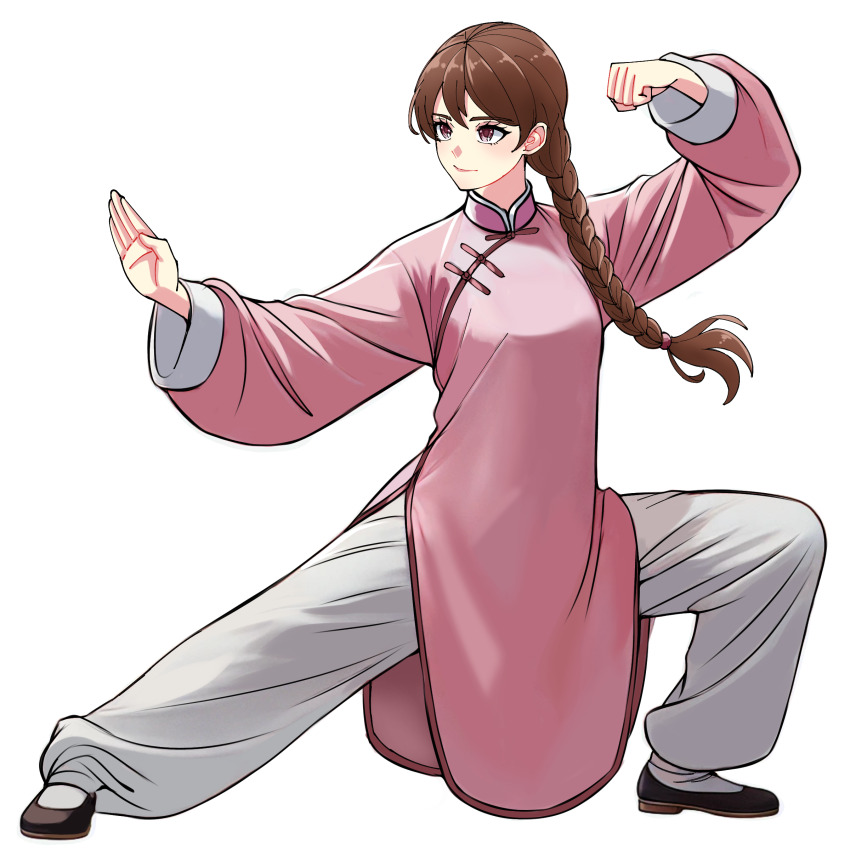 1girl absurdres braid brown_hair changpao china_dress chinese_clothes dress fighting fighting_stance highres kokoro_no_koibito kung_fu long_hair long_sleeves martial_arts monk original pink_dress self-upload shaolin_monk single_braid solo tangzhuang training