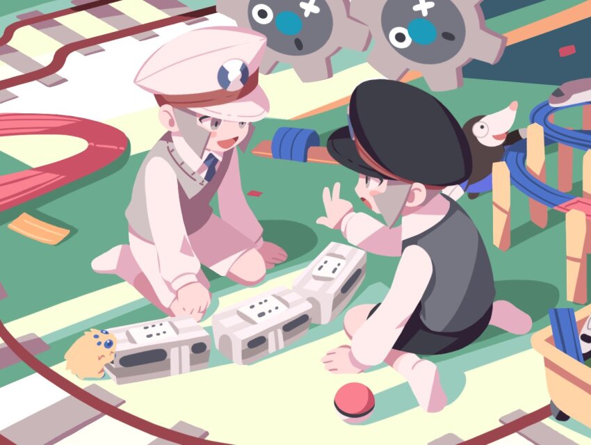 2boys :d :o aged_down black_hat black_shorts blue_necktie blush_stickers brothers commentary_request drilbur emmet_(pokemon) gen_5_pokemon grey_eyes grey_hair grey_vest hat indoors ingo_(pokemon) joltik klink korean_commentary long_sleeves male_focus multiple_boys necktie nintendo open_mouth pokemon pokemon_(creature) pokemon_bw seku_000 shirt short_hair shorts siblings smile socks vest white_hat white_shirt white_shorts white_socks
