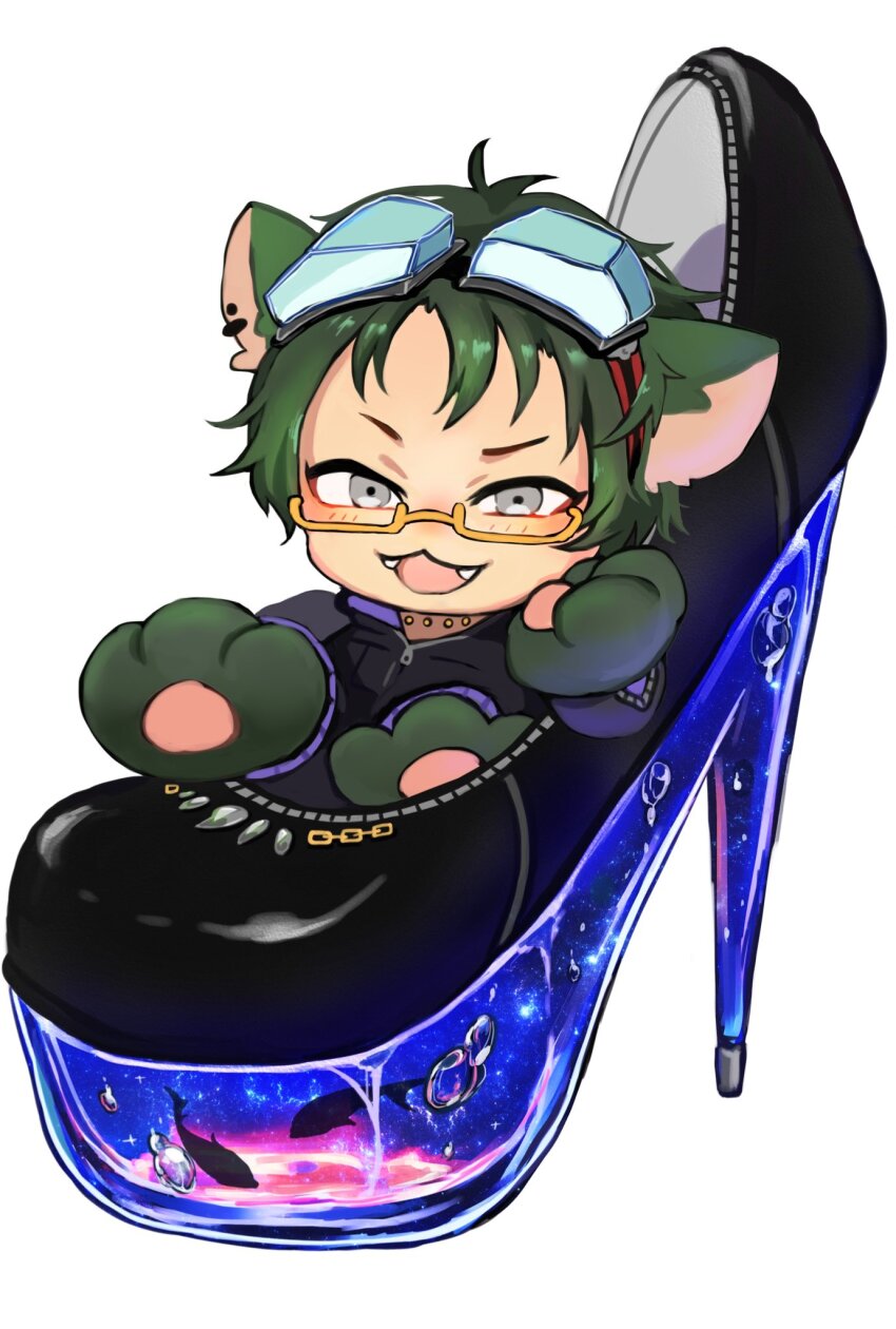 1boy animal_ears black_hair cat_ears chibi full_body glasses gnosia goggles green_hair highres jacket jewelry koyuuuuuuuuuuu long_sleeves looking_at_viewer male_focus navel necklace sha-ming shirt short_hair smile solo tail