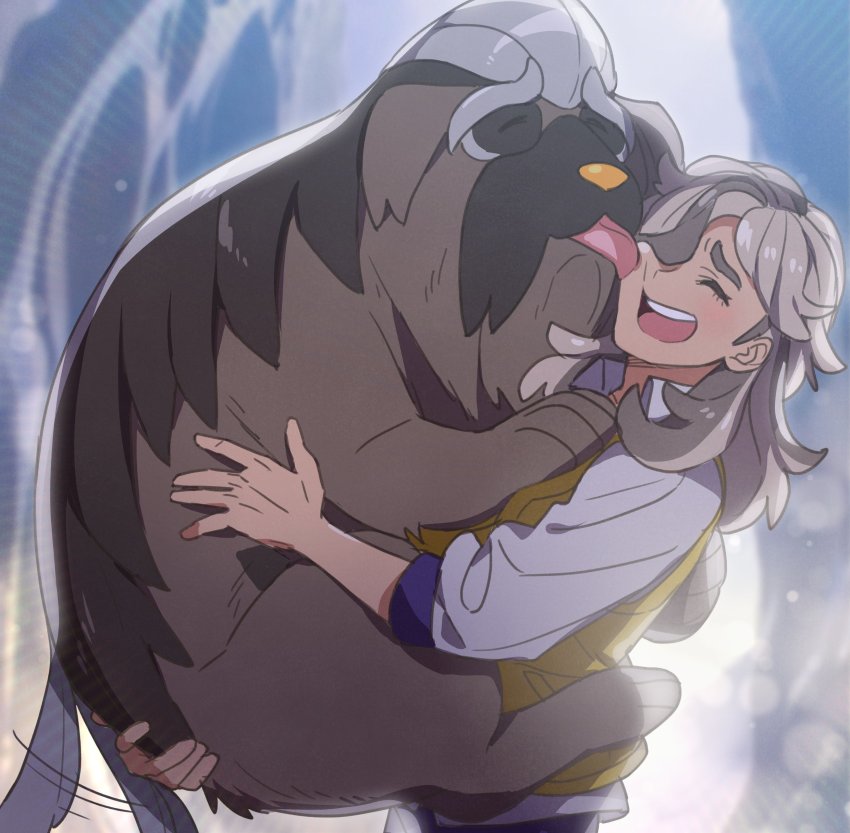 1boy absurdres arven_(pokemon) brown_hair closed_eyes hair_over_one_eye highres hug katsura_ichiho long_hair mabosstiff male_focus multicolored_hair nintendo pokemon pokemon_(creature) pokemon_sv school_uniform shirt tail tail_wagging uva_academy_school_uniform vest white_shirt yellow_vest