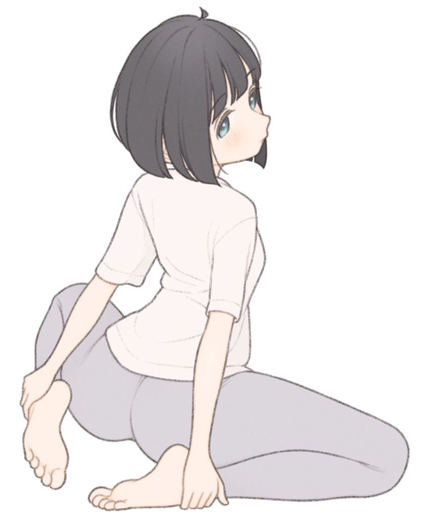 1girl 1ssakawaguchi absurdres ahoge aqua_eyes arms_behind_back ass barefoot black_hair blunt_bangs blunt_ends blush bob_cut breasts closed_mouth commentary feet grey_leggings hand_on_ankle hands_on_feet highres ichika_(1ssakawaguchi) leggings light_blush looking_at_viewer looking_back on_ground original petite shirt short_hair short_sleeves simple_background sitting small_breasts soles solo spread_legs t-shirt toes turning_head white_background white_shirt wide_spread_legs