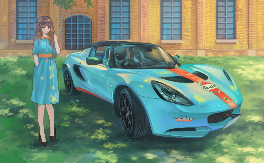1girl blue_dress blue_eyes brown_hair car dress hand_in_pocket highres lawn long_hair looking_down lotus_(brand) lotus_elise momo_hiki motor_vehicle original personification vehicle_and_personification vehicle_focus