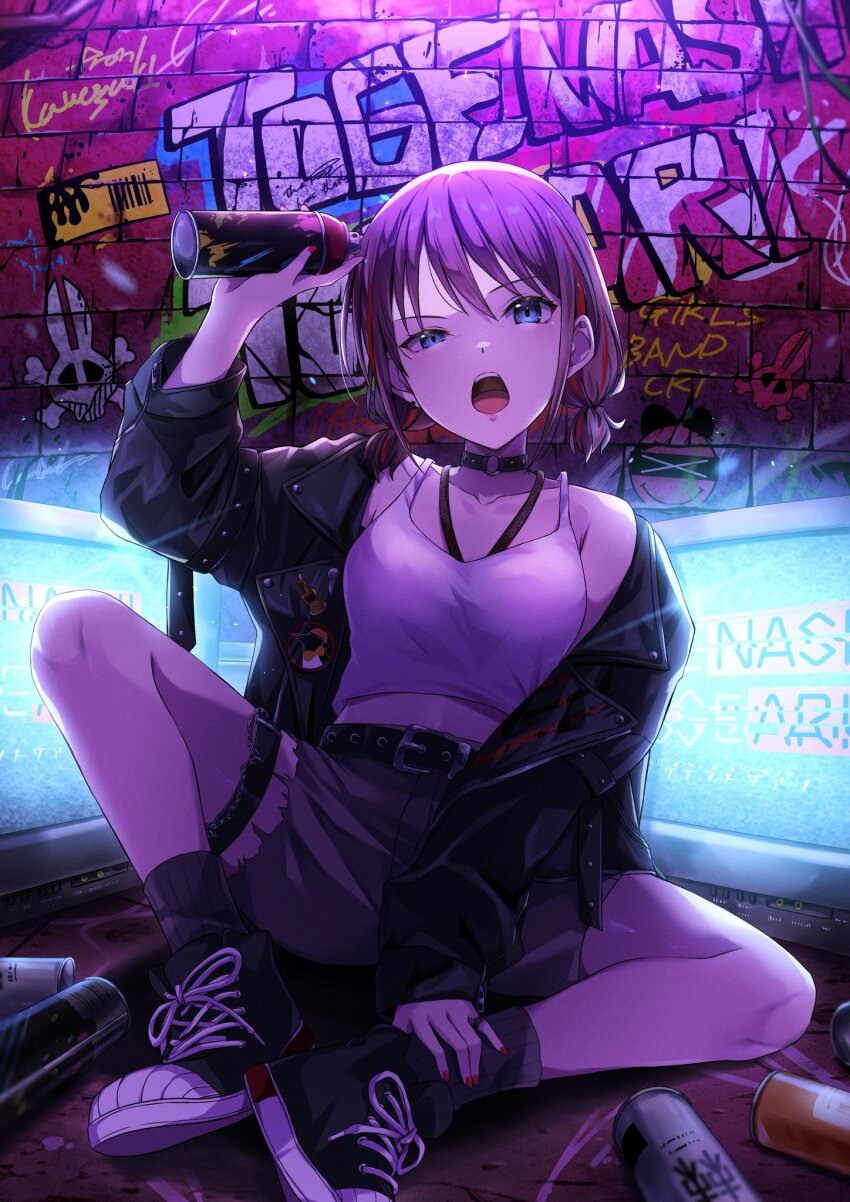1girl black_choker black_jacket black_shoes blue_eyes breasts brown_hair choker commentary don_quijote_(store) girls_band_cry graffiti grey_shorts grey_socks highres holding_spray_can iseri_nina jacket jewelry kikugawa_roku looking_at_viewer low_twintails medium_breasts necklace o-ring o-ring_choker open_mouth shoes short_hair short_twintails shorts socks solo spray_can teeth thigh_strap twintails upper_teeth_only