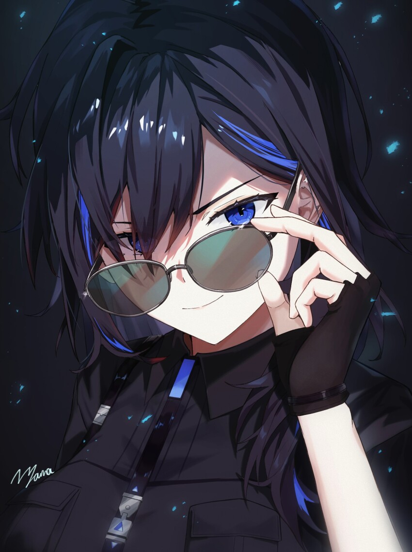 1girl adjusting_eyewear ayase_yuu black_gloves black_hair black_shirt blue_eyes blue_hair breast_pocket breasts chest_strap fingerless_gloves gloves highres large_breasts long_hair multicolored_hair nagae_yama phase_connect phase_connect_jp pocket shirt short_sleeves signature solo streaked_hair tinted_eyewear virtual_youtuber
