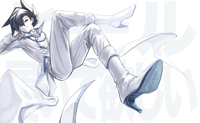 1boy black_hair boots coat crossed_legs duel_academy_uniform_(yu-gi-oh!_gx) high_heel_boots high_heels highres hyper40yakisoba invisible_chair male_focus manjoume_jun medium_hair pants simple_background sitting solo spiked_hair white_background white_boots white_coat white_high_heels white_pants yu-gi-oh! yu-gi-oh!_gx