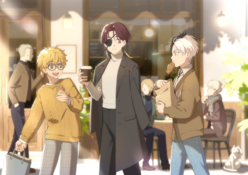 3boys bag black_coat black_hair blonde_hair brown_hair brown_jacket chair coat commentary cup disposable_coffee_cup disposable_cup earrings eyepatch food glasses highres jacket jewelry long_sleeves male_focus multicolored_hair multiple_boys nirei_akihiko open_mouth outdoors pants sakura_haruka_(wind_breaker) shirt shoes shopping_bag short_hair sitting smile soul_(tamashii) split-color_hair suo_hayato symbol-only_commentary tassel tassel_earrings v-shaped_eyebrows white_hair white_shirt wind_breaker_(nii_satoru)