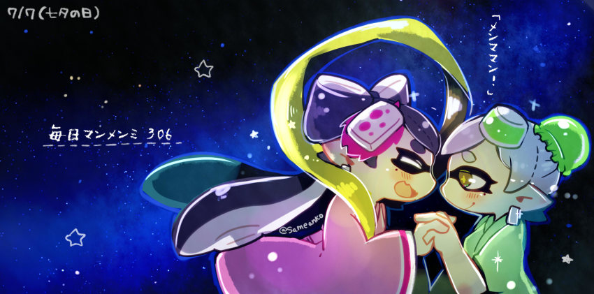 +_+ 2girls air_(visual_novel) alternate_hairstyle black_hair blush brown_eyes bun_cover callie_(splatoon) closed_eyes cosplay dated earrings food food_on_head from_side grey_hair hair_bun hair_up highres hikoboshi hikoboshi_(cosplay) holding_hands inkling japanese_clothes jewelry kimono long_hair looking_at_another marie_(splatoon) multiple_girls night night_sky nintendo object_on_head open_mouth orihime_(cosplay) orihime_(tanabata) pointy_ears same_anko short_hair single_hair_bun sky splatoon_(series) splatoon_1 star_(sky) starry_sky tanabata tentacle_hair translated twitter_username