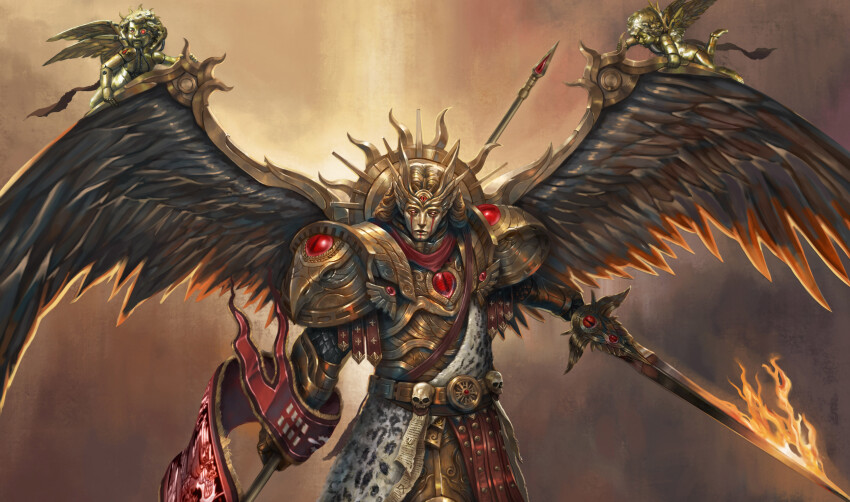 1boy absurdres angel_wings armor asymmetrical_dual_wielding banner blade_encarmine blonde_hair blood_angels cherub dual_wielding eyes_of_horus_(warhammer_40k) fire flaming_sword flaming_weapon gem glowing glowing_eyes gold gold_armor halo highres holding holding_weapon kheljay leopard_pelt long_hair mask ornate ornate_armor ornate_weapon pauldrons pelt power_armor primarch red_eyes red_gemstone sanguinius sharp_teeth shoulder_armor snow_leopard_pelt spear_of_telesto sword teardrop-shaped_gem teeth warhammer_40k weapon wings yellow_eyes