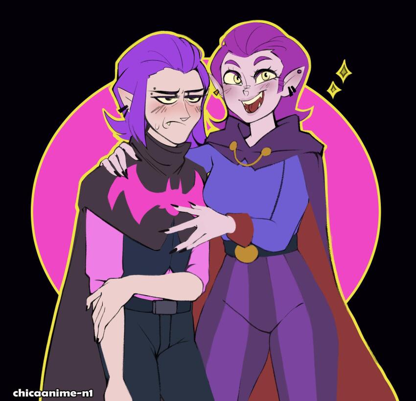 1boy 1girl black_nails brawl_stars cape clash_mini clash_of_clans countess_(clash_mini) crossover ear_piercing earrings embarrassed face_piercing forehead_piercing highres jewelry look-alike mortis_(brawl_stars) pants piercing pointy_ears purple_hair simple_background smile supercell_(band) tubbiegordito vampire