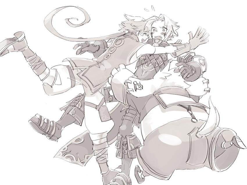 .hack// .hack//g.u. 3boys blush closed_eyes commentary_request embarrassed facing_away full_body furry furry_male gaspard_(.hack//) glomp gloves greyscale haseo_(.hack//) highres hug long_hair maishi male_focus monochrome multiple_boys open_mouth ponytail puffy_pants silabus_(.hack//) sleeveless sleeveless_jacket smile standing standing_on_one_leg surprised tail tearing_up