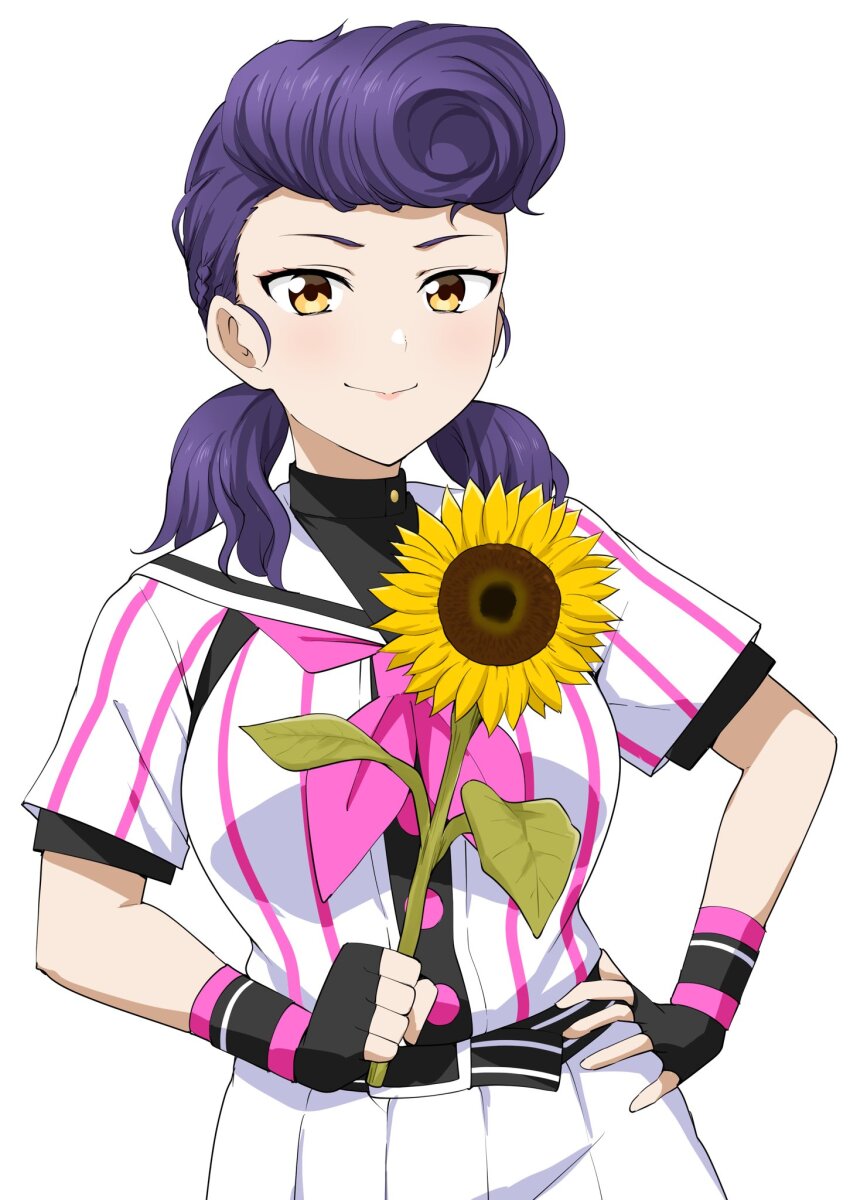 1girl barkhorn0331 baseball_uniform belt belt_buckle black_belt black_gloves black_undershirt brown_eyes buckle cinderella_series closed_mouth cowboy_shot fingerless_gloves flower gloves hachigatsu_no_cinderella_nine highres holding holding_flower izumida_kyouka long_hair looking_at_viewer low_twintails neckerchief pink_neckerchief pleated_skirt pompadour purple_hair sailor_collar satogahama_baseball_uniform shirt shirt_under_shirt short_sleeves simple_background skirt smile solo sportswear standing striped_belt striped_clothes striped_shirt sunflower twintails vertical-striped_clothes vertical-striped_shirt white_background white_sailor_collar wristband