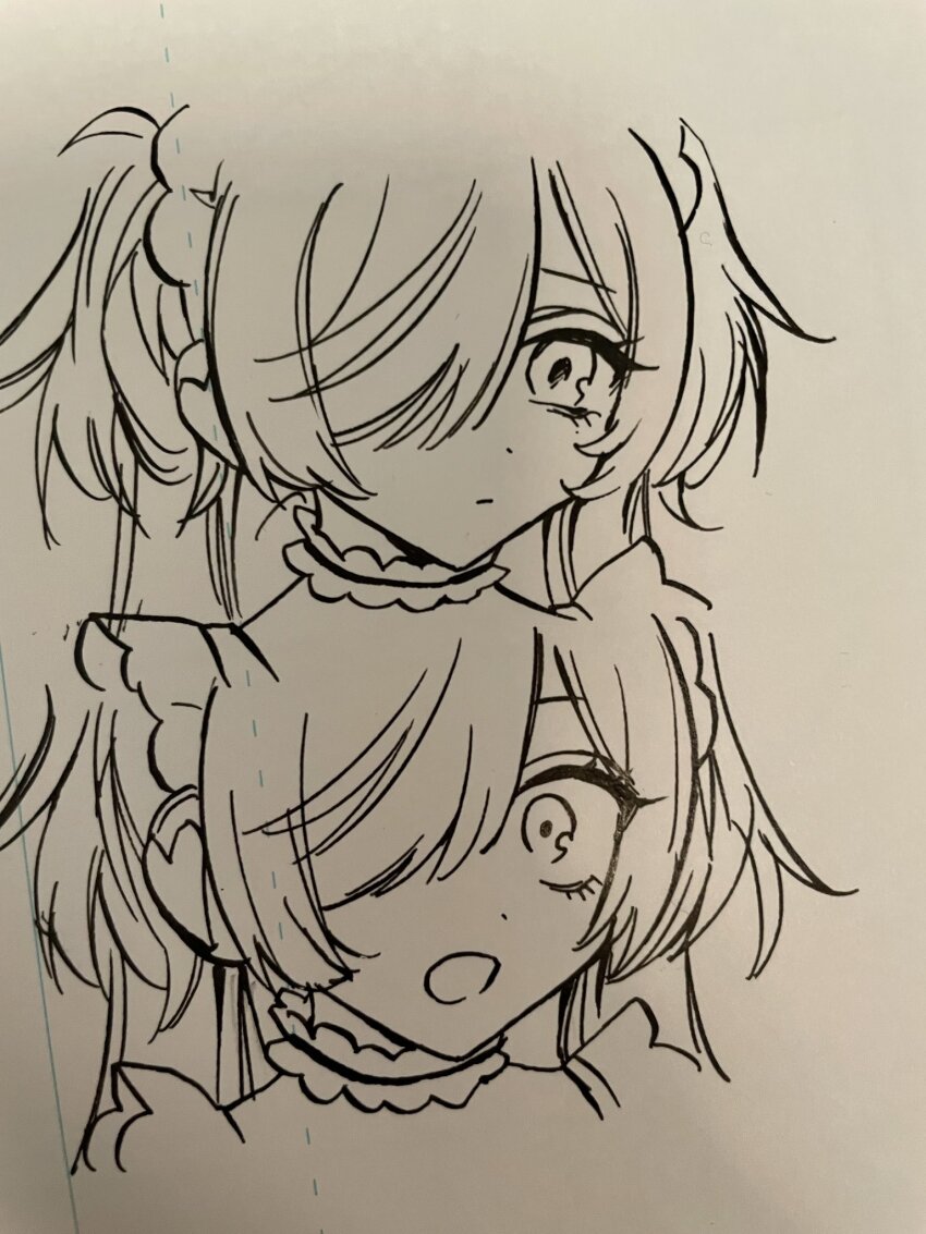 1girl akiyama_enma closed_mouth hair_over_one_eye highres looking_at_viewer maid manuscript_paper meruru_(ningen_maid_robot_meruru) multiple_views ningen_maid_robot_meruru one_eye_closed open_mouth photo_(medium) traditional_media two_side_up unfinished wide-eyed