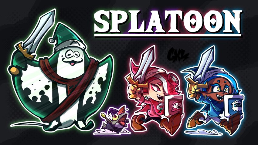 1boy 1other 2girls absurdres bad_link big_man_(splatoon) blooper_(mario) blue_hair boots cosplay dark-skinned_female dark_skin fangs frye_(splatoon) gxlpics highres holding holding_sword holding_weapon link link_(cosplay) manta_ray multiple_girls nintendo octorok red_eyes red_hair salmonid shield shiver_(splatoon) short_eyebrows signature smallfry_(splatoon) smile splatoon_(series) splatoon_3 spoon staff sword the_legend_of_zelda the_legend_of_zelda:_four_swords tunic weapon yellow_eyes