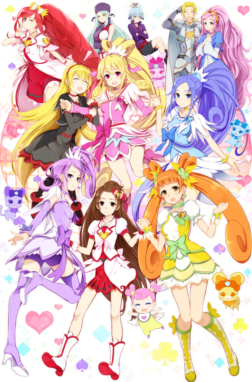 6+girls ai-chan_(dokidoki!_precure) aida_mana arm_hug bel_(dokidoki!_precure) black_dress blue_bow blue_eyes blue_hair blush bow brooch cosplay creature cure_ace cure_ace_(cosplay) cure_diamond cure_heart cure_rosetta cure_sword davi_(dokidoki!_precure) dokidoki!_precure dress dual_persona fallen_down full_body green_dress hair_bun hair_ornament half_updo heart heart_brooch heart_hair_bun high_ponytail highres hishikawa_rikka ira_(dokidoki!_precure) jewelry joe_okada kenzaki_makoto long_hair madoka_aguri magical_girl mamo_(dokidoki!_precure) marie_ange md5_mismatch minatsuki_randoseru monster multiple_girls outstretched_arms pink_bow pink_hair ponytail precure purple_eyes purple_hair rakeru_(dokidoki!_precure) rance_(dokidoki!_precure) regina_(dokidoki!_precure) resolution_mismatch sharuru_(dokidoki!_precure) short_hair simple_background smile source_smaller thigh_gap thighhighs twintails very_long_hair waist_bow white_background yotsuba_alice zettai_ryouiki