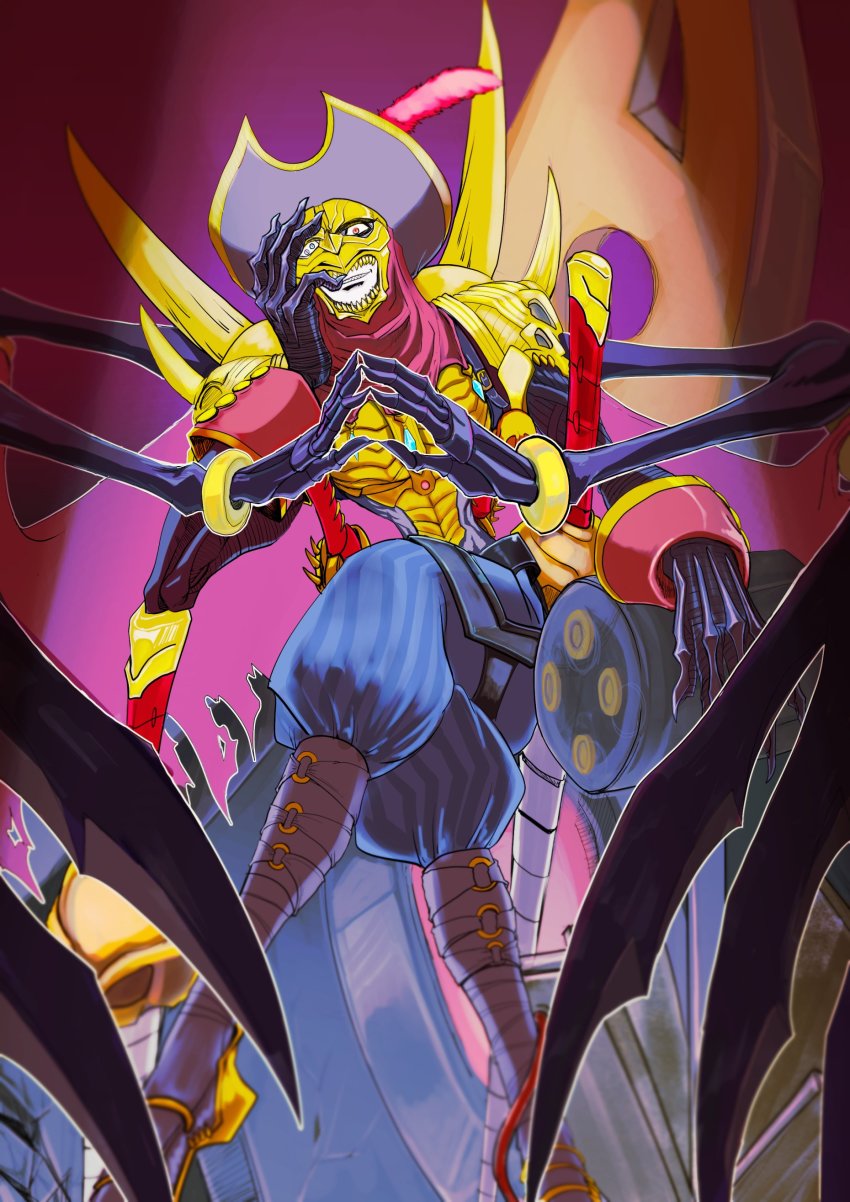 1boy absurdres bandages digimon extra_arms highres sitting skull solo voltobautamon