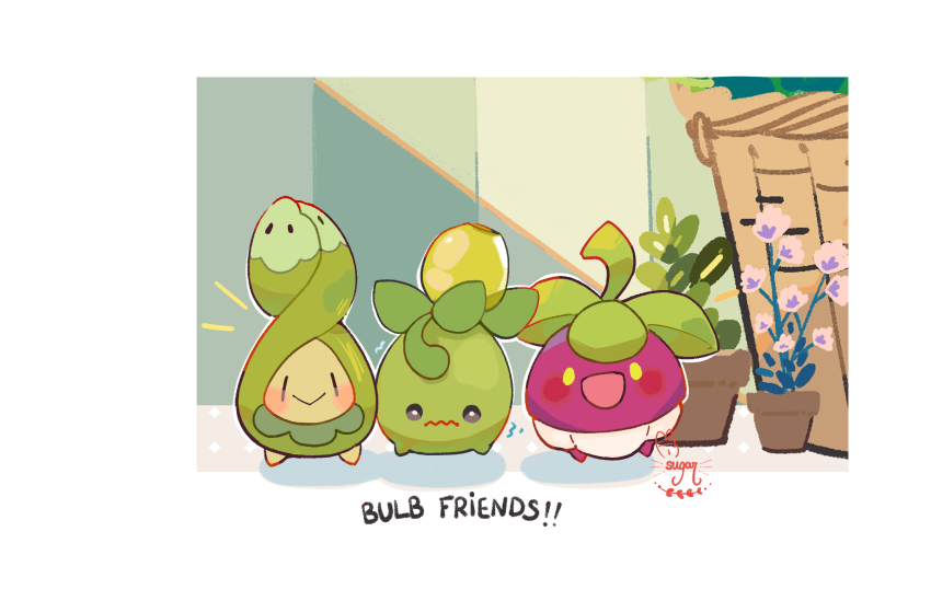 :&gt; :d blush border bounsweet budew closed_mouth commentary flower_pot gen_4_pokemon gen_7_pokemon highres nintendo no_humans open_mouth plant pokemon pokemon_(creature) smile smoliv solid_oval_eyes sugahri wavy_mouth white_border yellow_eyes