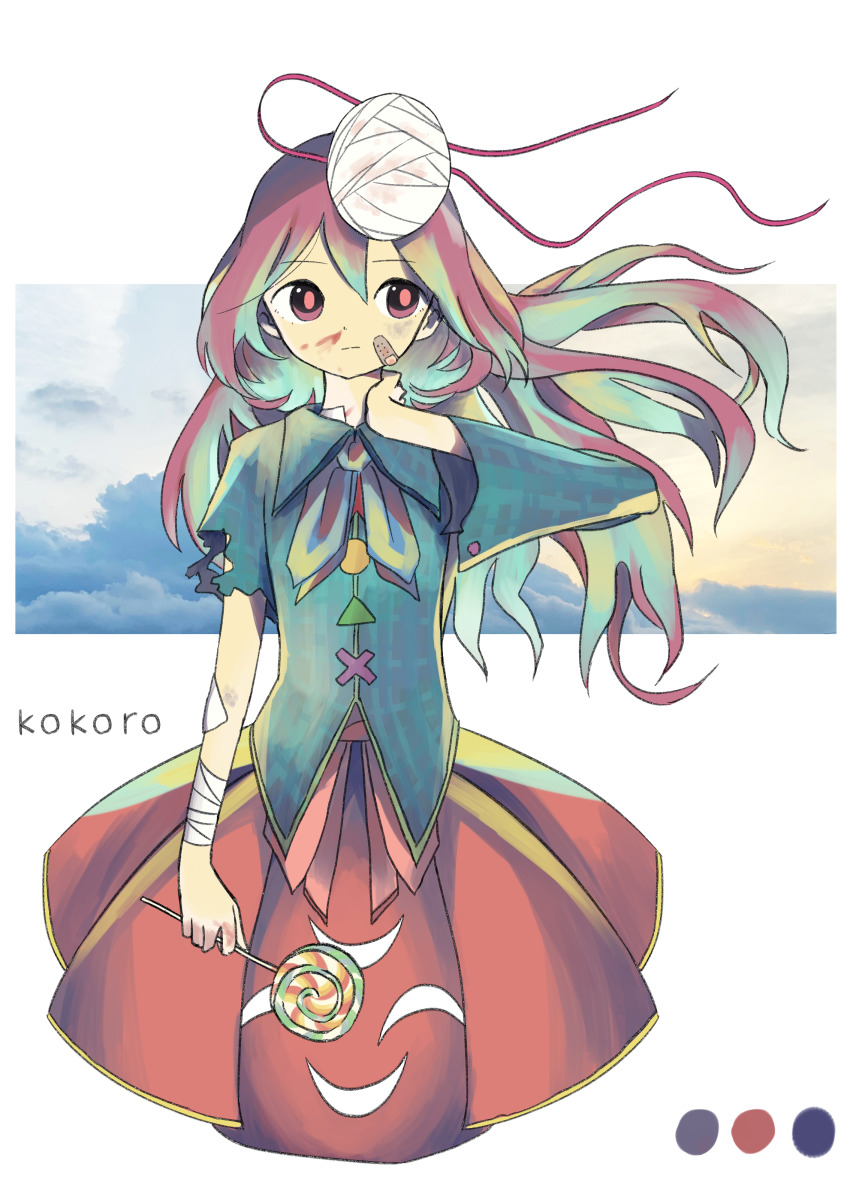1girl absurdres bandaged_arm bandages bandaid bandaid_on_face blood blood_on_face bow candy character_name circle cloud color_guide commentary_request face_cutout female_focus food hata_no_kokoro highres holding lollipop long_hair neruzou pink_hair plaid_clothes plaid_shirt shirt skirt solo torn_clothes torn_shirt touhou triangle upper_body x