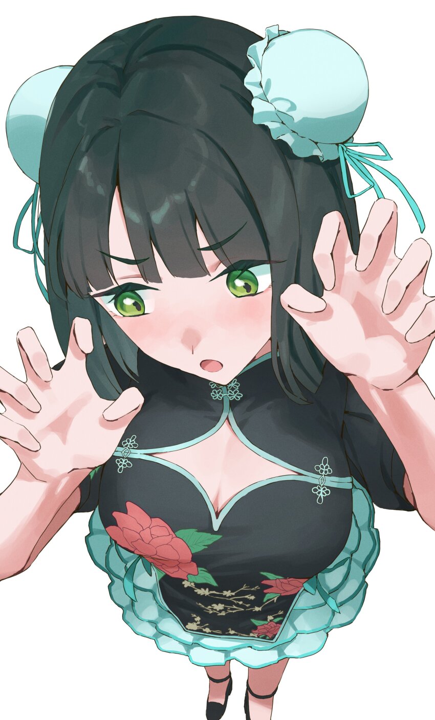1girl :o absurdres averting_eyes black_hair black_shirt black_shoes blue_skirt blunt_bangs blunt_ends bob_cut breasts bun_cover chinese_clothes claw_pose cleavage cleavage_cutout clothing_cutout commentary_request double_bun foreshortening frilled_skirt frills full_body green_eyes hair_bun hasu_no_sora_pop_up_shop_china_collection highres large_breasts link!_like!_love_live! looking_to_the_side love_live! miniskirt momose_ginko official_alternate_costume open_mouth puffy_short_sleeves puffy_sleeves shirt shoes short_hair short_sleeves skirt solo sunkeun virtual_youtuber