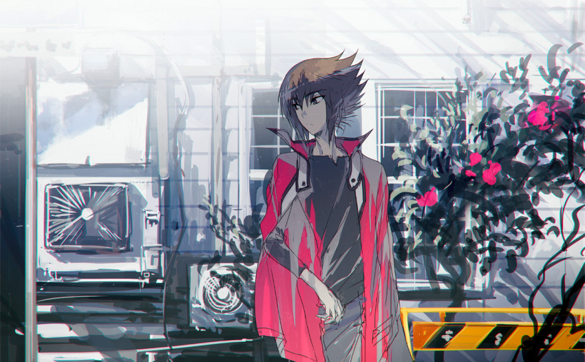 1boy air_conditioner black_shirt branch brown_eyes brown_hair building bush cable condenser_unit construction dappled_sunlight door flower grey_pants jacket jacket_on_shoulders looking_to_the_side male_focus moribuden open_clothes open_door open_jacket outdoors pants red_flower red_jacket shirt sign sunlight tree window wire yu-gi-oh! yu-gi-oh!_gx yuki_judai