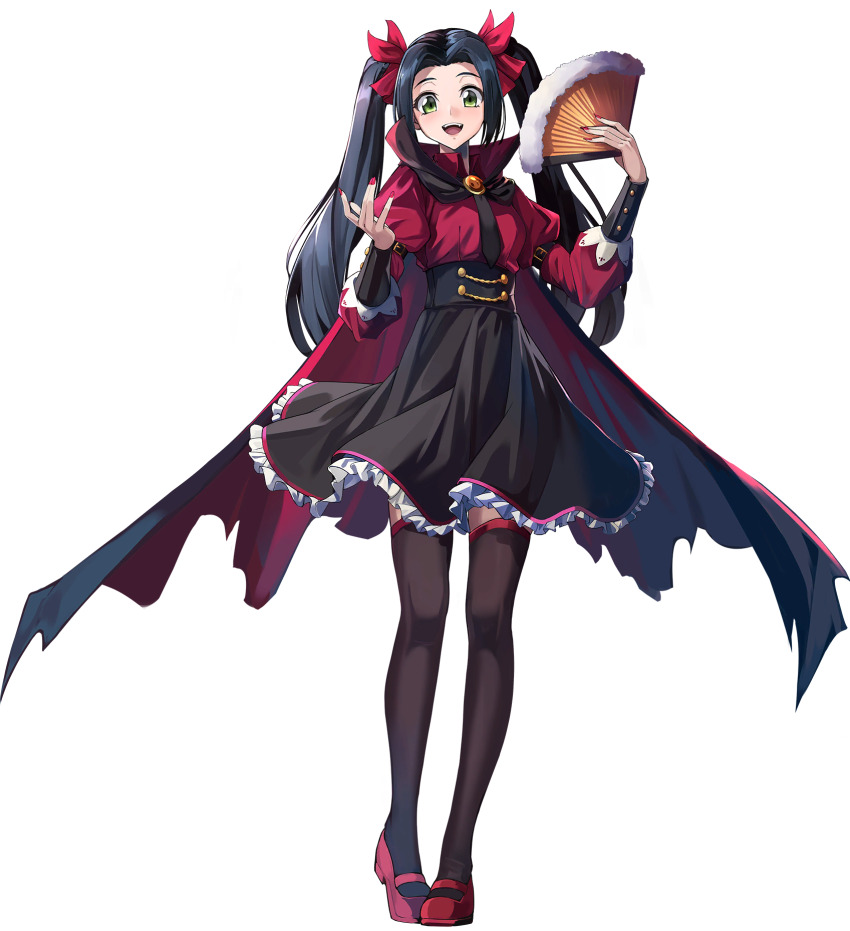 1girl black_hair black_thighhighs code_geass code_geass:_genesic_re;code green_eyes halloween halloween_costume hand_fan highres holding holding_fan long_hair official_art open_mouth red_shoes red_skirt shoes simple_background skirt smile solo sumeragi_kaguya teeth thighhighs transparent_background twintails zettai_ryouiki