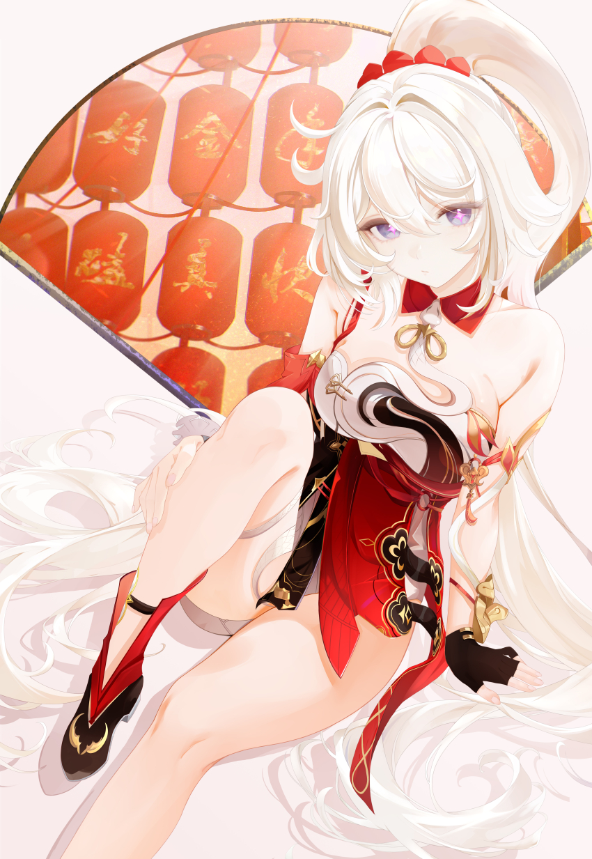 1girl absurdres bare_shoulders black_gloves blue_eyes chinese_clothes chinese_commentary commentary_request detached_sleeves dress gloves hair_between_eyes hair_intakes highres honkai_(series) honkai_impact_3rd kaerbin kiana_kaslana kiana_kaslana_(ba-dum!_fiery_wishing_star) layered_dress long_hair multicolored_dress purple_pupils solo star-shaped_pupils star_(symbol) symbol-shaped_pupils very_long_hair white_hair