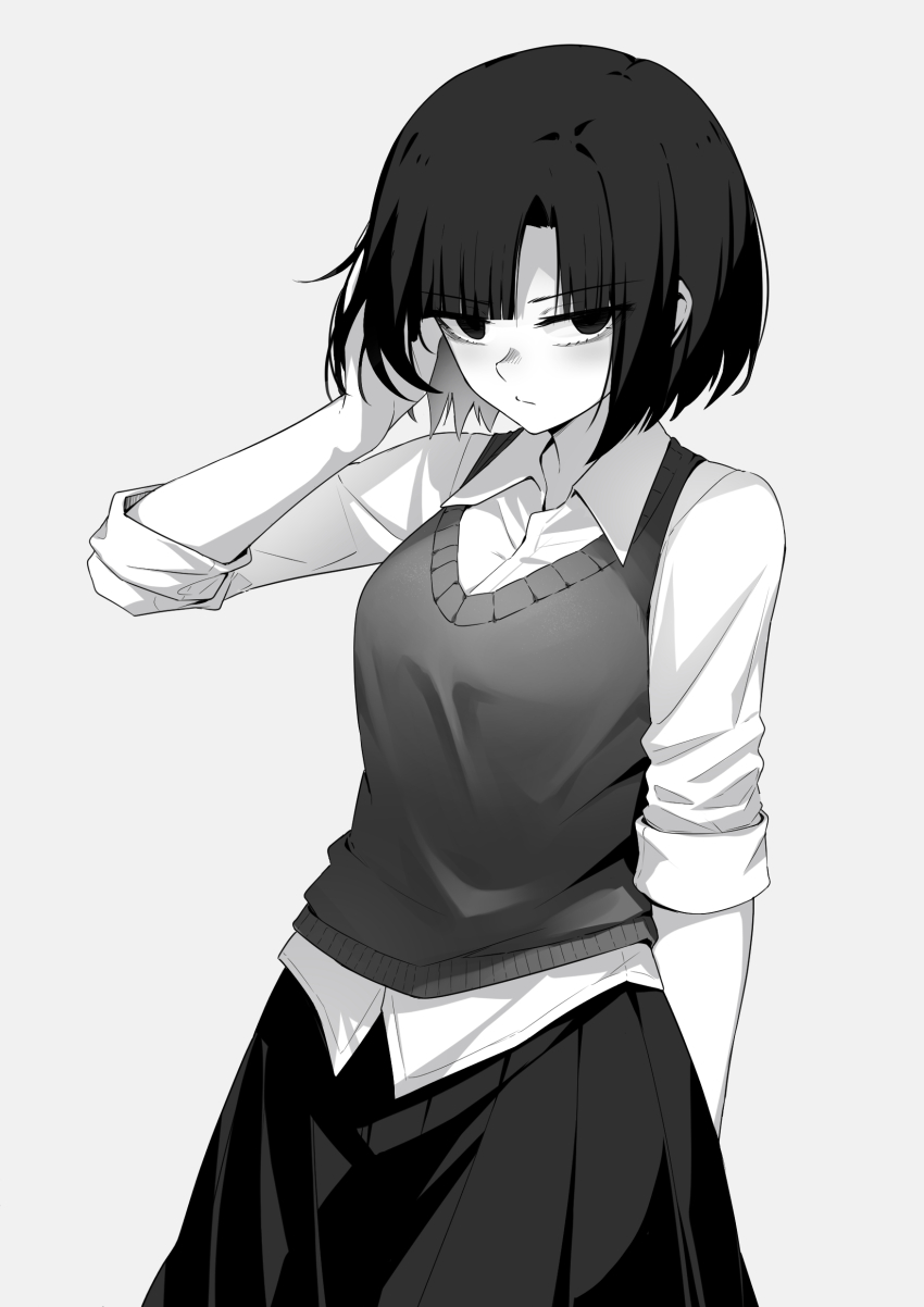1girl absurdres breasts choker eki_doki expressionless grey_background grey_hair greyscale highres looking_at_viewer medium_breasts monochrome open_mouth original short_hair simple_background skirt solo vest