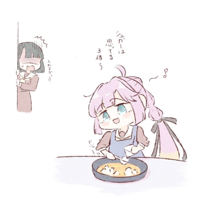 2girls :3 :d ^^^ ahoge amano_tatsu anyoji_hime apron black_hair black_ribbon blonde_hair blue_apron blue_eyes blunt_bangs blunt_ends blush_stickers bob_cut commentary_request eighth_note gradient_hair hair_intakes hair_ribbon link!_like!_love_live! long_hair love_live! momose_ginko multi-tied_hair multicolored_hair multiple_girls music musical_note open_mouth peeking_out pink_hair ponytail ribbon short_hair sidelocks singing sleeves_pushed_up smile solo_focus granulated_sugar surprised sweatdrop swept_bangs translation_request turn_pale very_long_hair virtual_youtuber